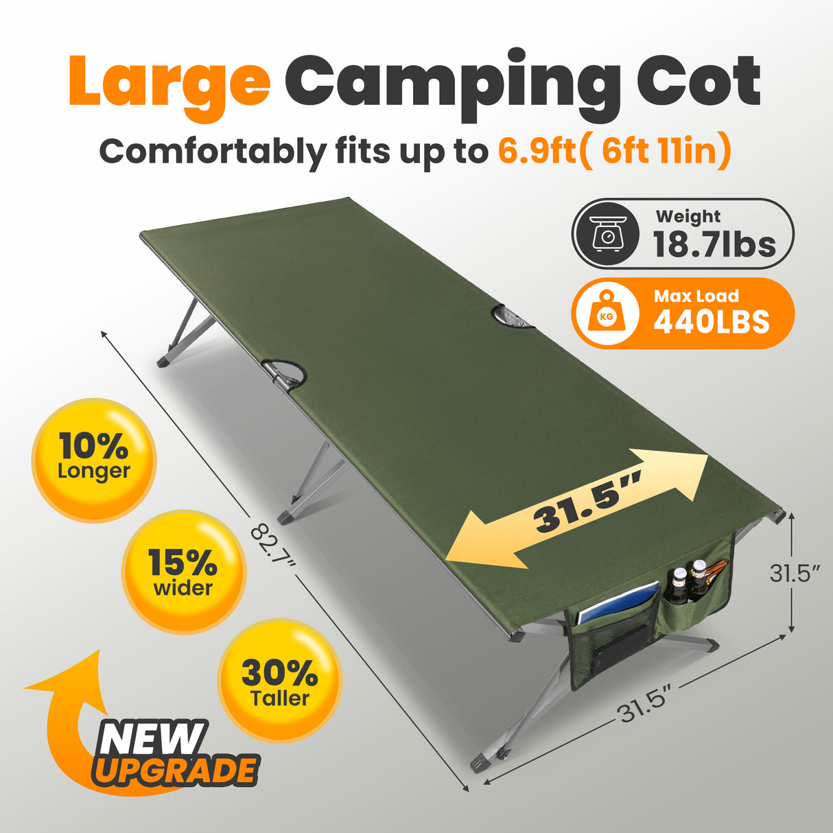 Folding Camp Bed, 210 x 80 x 60 cm, Wide Camping Bed, 200 kg Load Capacity, Stable Portable Camp Bed with Side Pocket, for Camping, Garden, Travel, Outdoor and Indoor