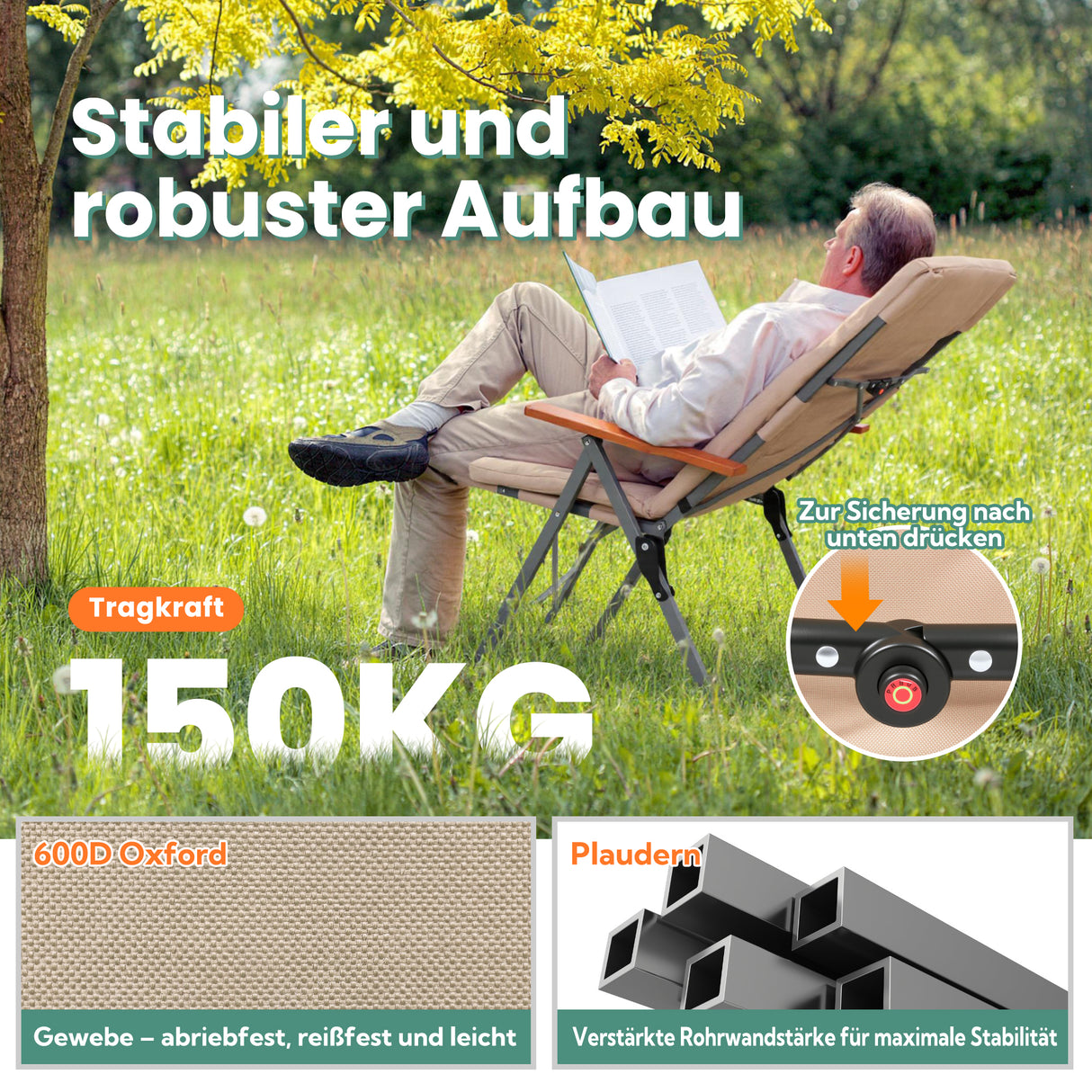 Homecall Camping Chair Foldable 150 kg Load Capacity High-Backed Chair Luxury Folding Chair Camping Chair with 3 Positions Adjustable with 4.5 cm Thick Padded Fishing Chair for Garden Balcony Caravan