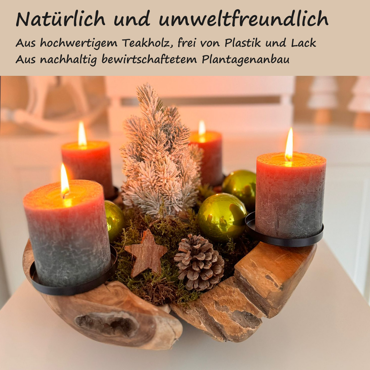 Homecall Advent wreath modern candle holder Advent wreath wood with 4 candle picks Advent arrangement key bowl Advent wreath tea lights wooden bowl ร 30cm - 35cm teak bowl (without candles and decorations)