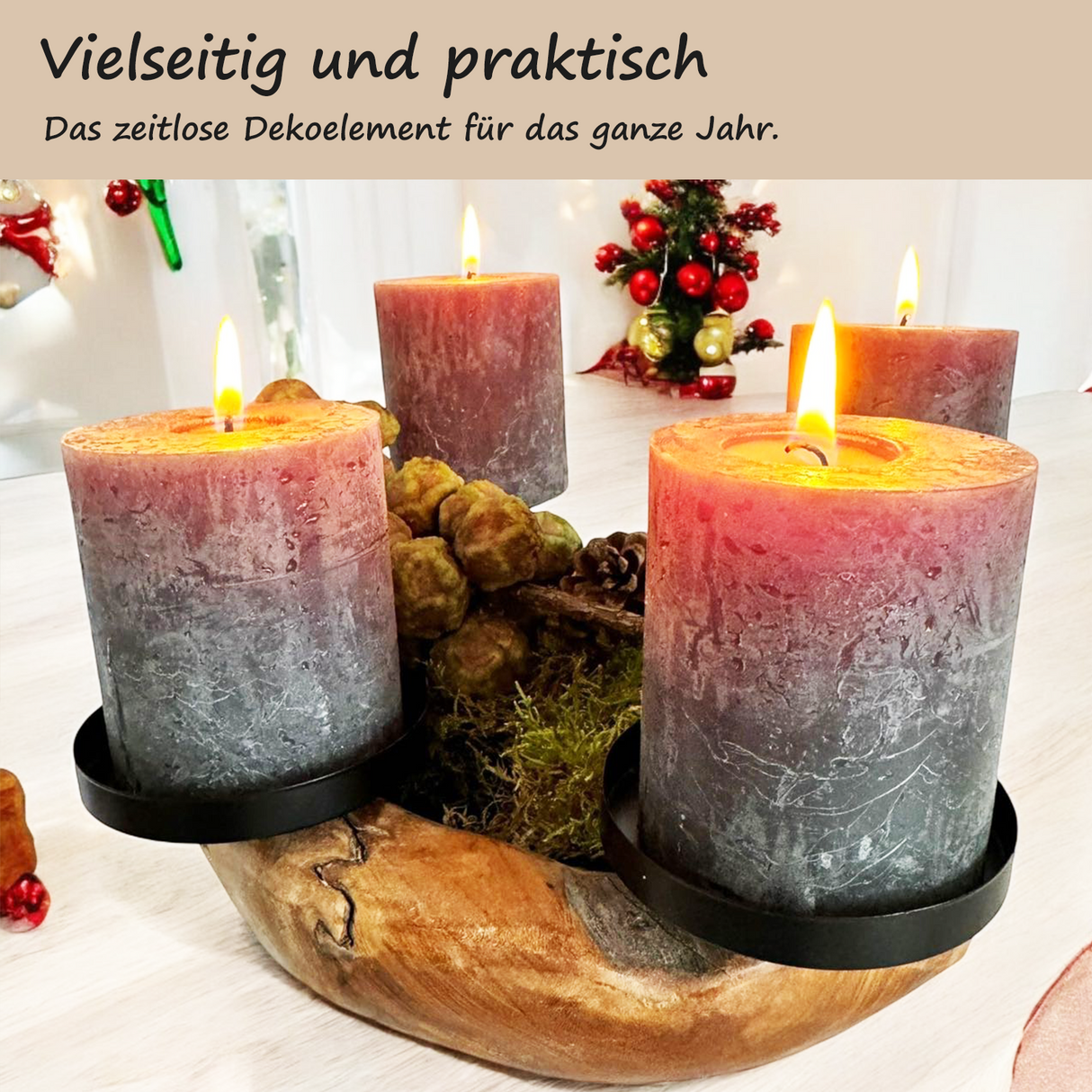 Homecall Advent wreath modern candle holder Advent wreath wood with 4 candle picks Advent arrangement key bowl Advent wreath tea lights wooden bowl ร 30cm - 35cm teak bowl (without candles and decorations)