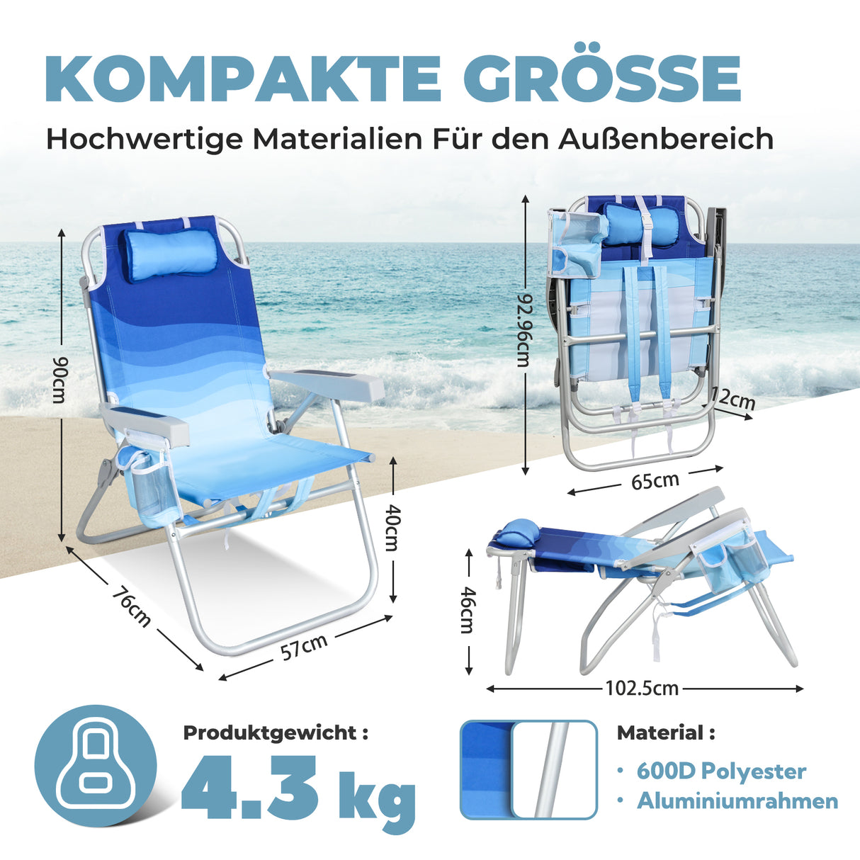 Homecall Beach Chair Foldable Lightweight Folding Chair Beach 5-Level Adjustable Backrest - Beach Chair Beach Chairs Foldable up to 136 kg for Beach, Outdoors