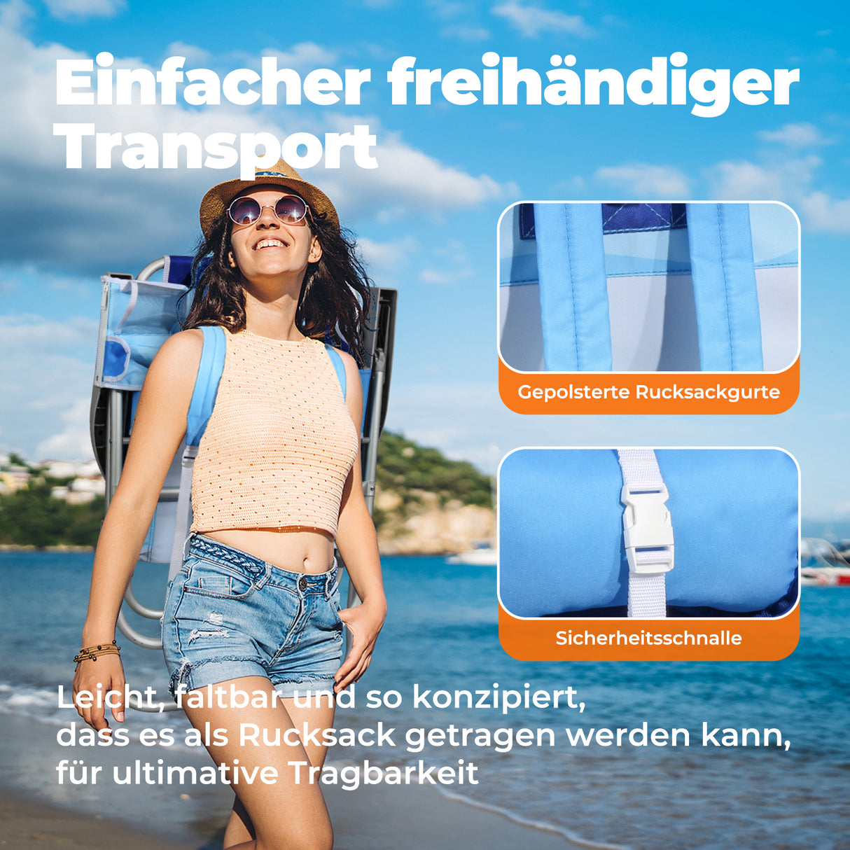 Homecall Beach Chair Foldable Lightweight Folding Chair Beach 5-Level Adjustable Backrest - Beach Chair Beach Chairs Foldable up to 136 kg for Beach, Outdoors