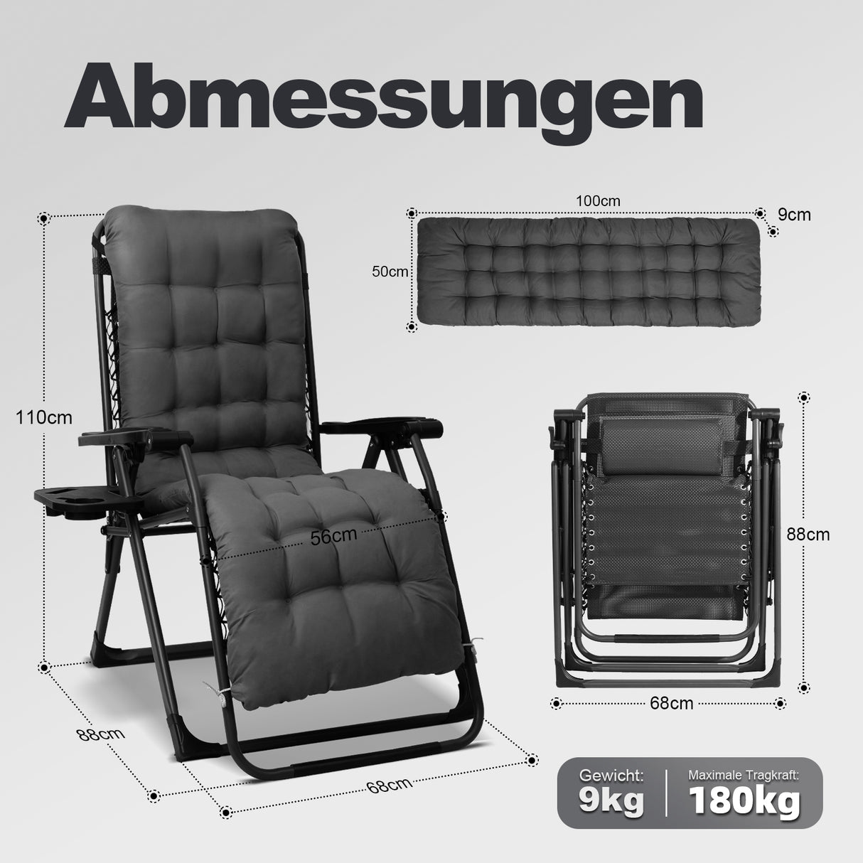 Homecall Folding Garden Lounger, Sun Lounger, Weatherproof with Cushion, Adjustable Backrest, Zero Gravity Chair, Recliner Lounger up to 180 kg for Garden, Patio, Balcony, XXL ( Black/Gray)