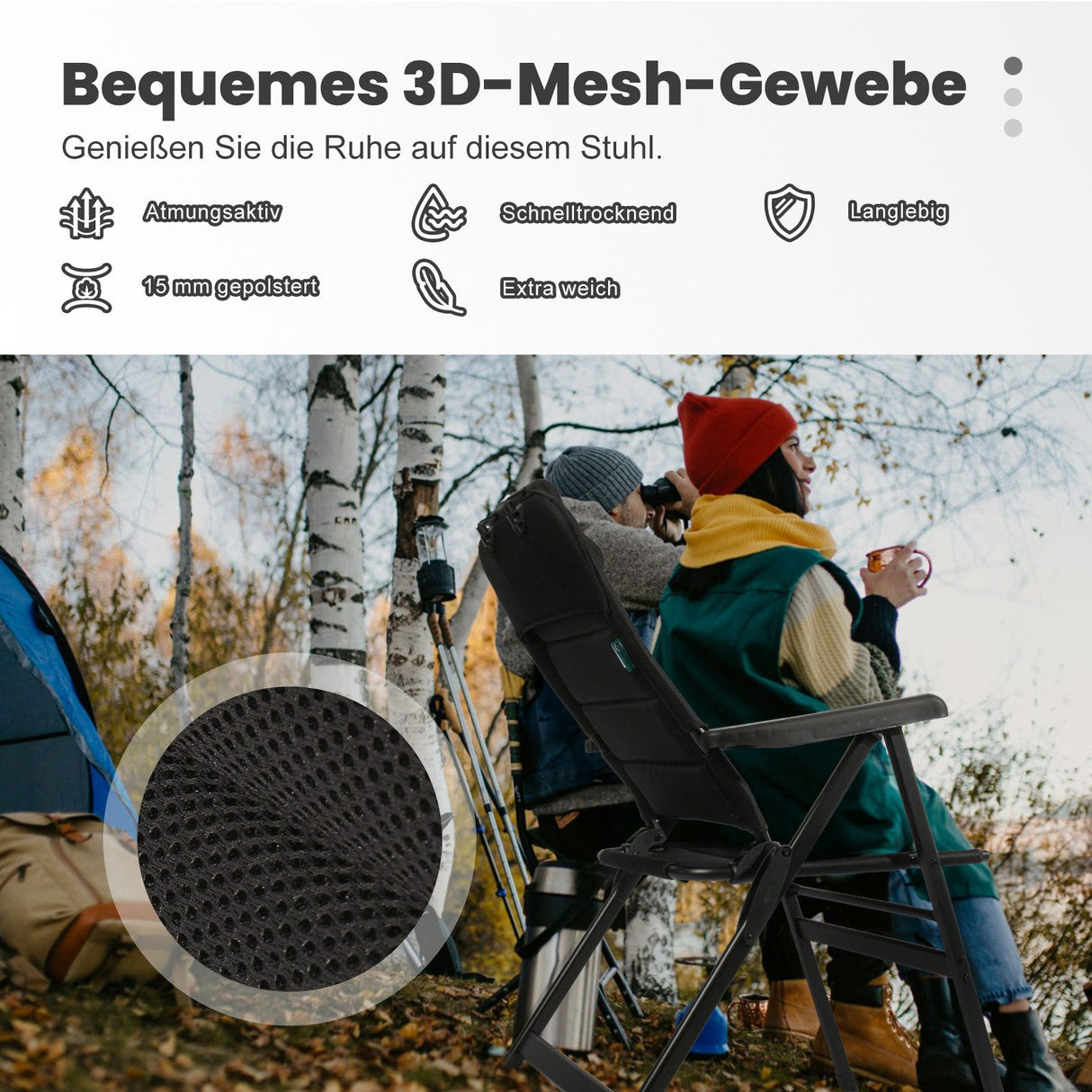 Homecall Foldable Camping Chair, 150 kg Load Capacity, Garden Chair, Folding High-Backed Chair, Balcony Chair, Fishing Chair, Patio Chairs, 6-Way Adjustable Backrest with Armrests for Camping, Garden