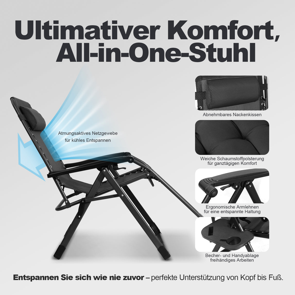 Homecall Folding Garden Lounger, Sun Lounger, Weatherproof with Cushion, Adjustable Backrest, Zero Gravity Chair, Recliner Lounger up to 180 kg for Garden, Patio, Balcony, XXL ( Black/Gray)