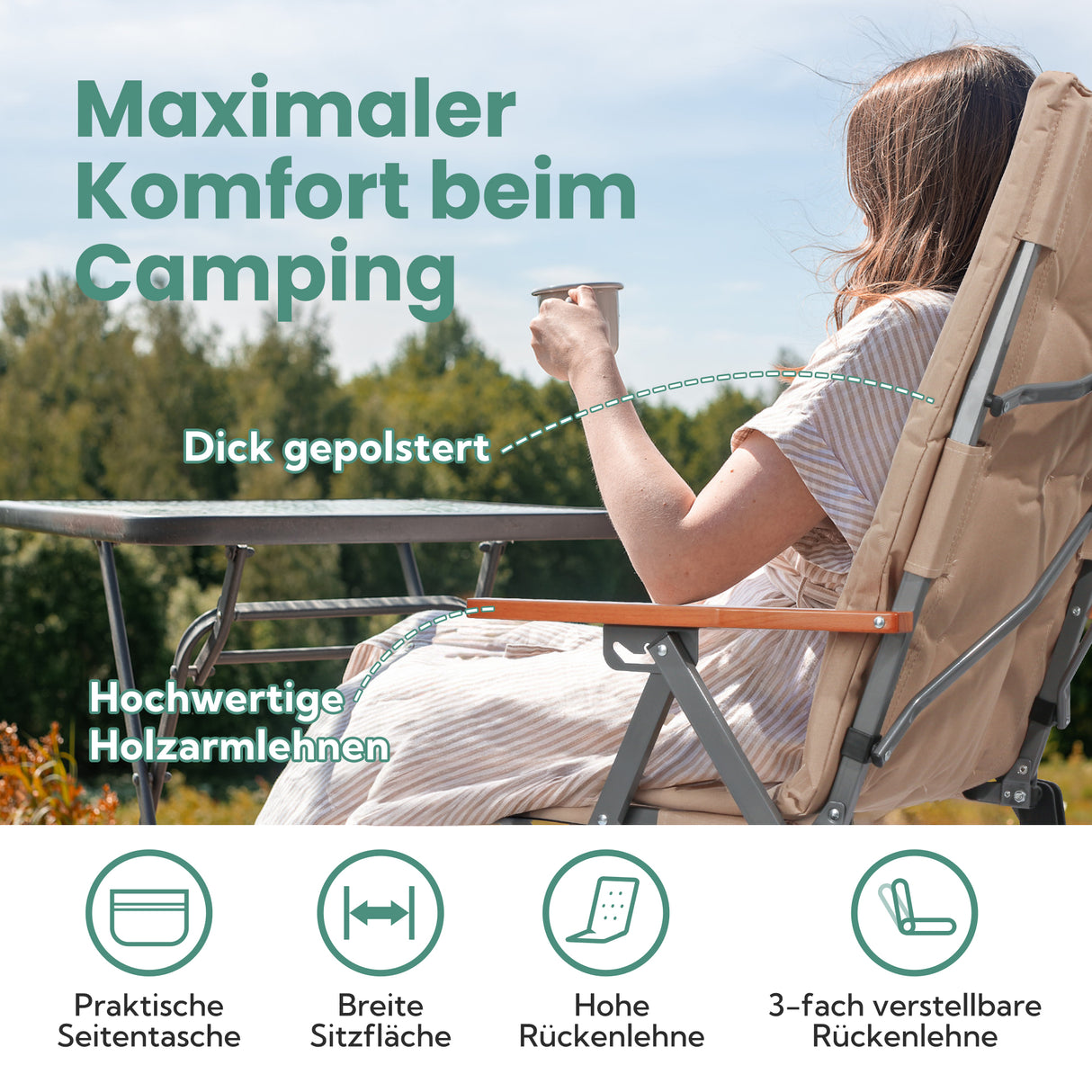 Homecall Camping Chair Foldable 150 kg Load Capacity High-Backed Chair Luxury Folding Chair Camping Chair with 3 Positions Adjustable with 4.5 cm Thick Padded Fishing Chair for Garden Balcony Caravan