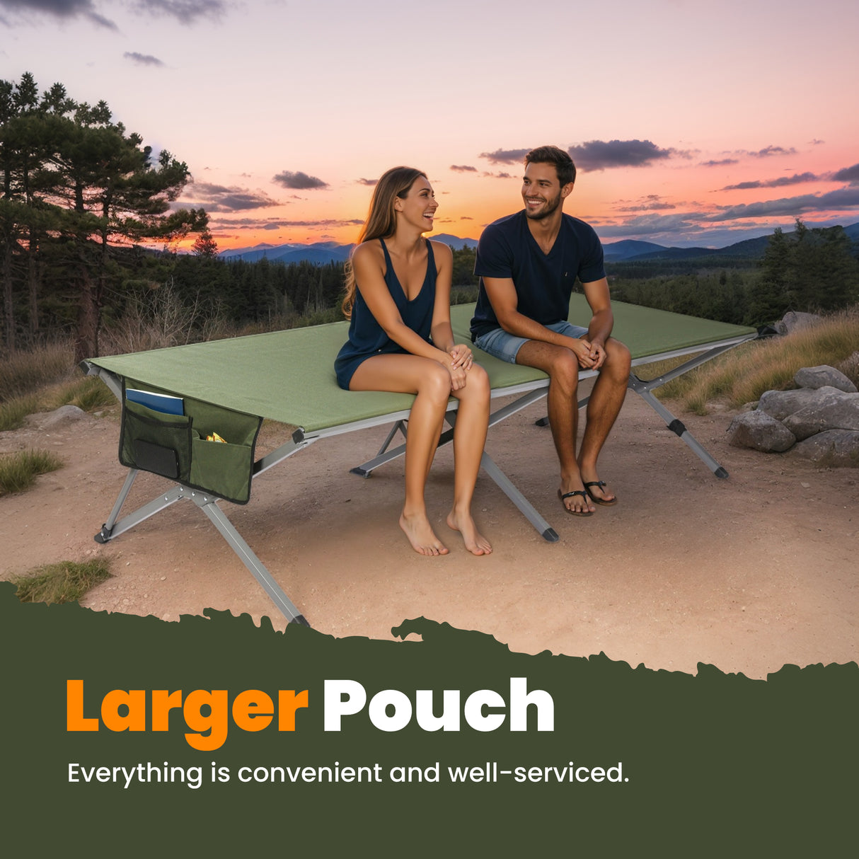 Folding Camp Bed, 210 x 80 x 60 cm, Wide Camping Bed, 200 kg Load Capacity, Stable Portable Camp Bed with Side Pocket, for Camping, Garden, Travel, Outdoor and Indoor