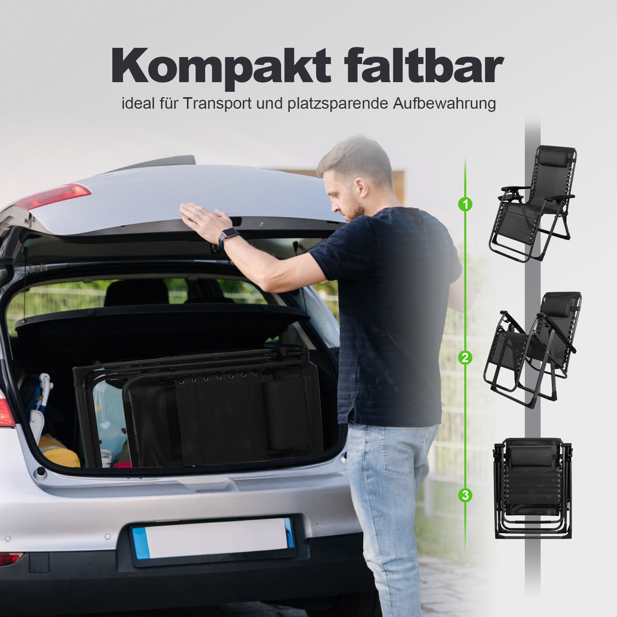 Homecall Folding Garden Lounger, Sun Lounger, Weatherproof with Cushion, Adjustable Backrest, Zero Gravity Chair, Recliner Lounger up to 180 kg for Garden, Patio, Balcony, XXL ( Black/Gray)