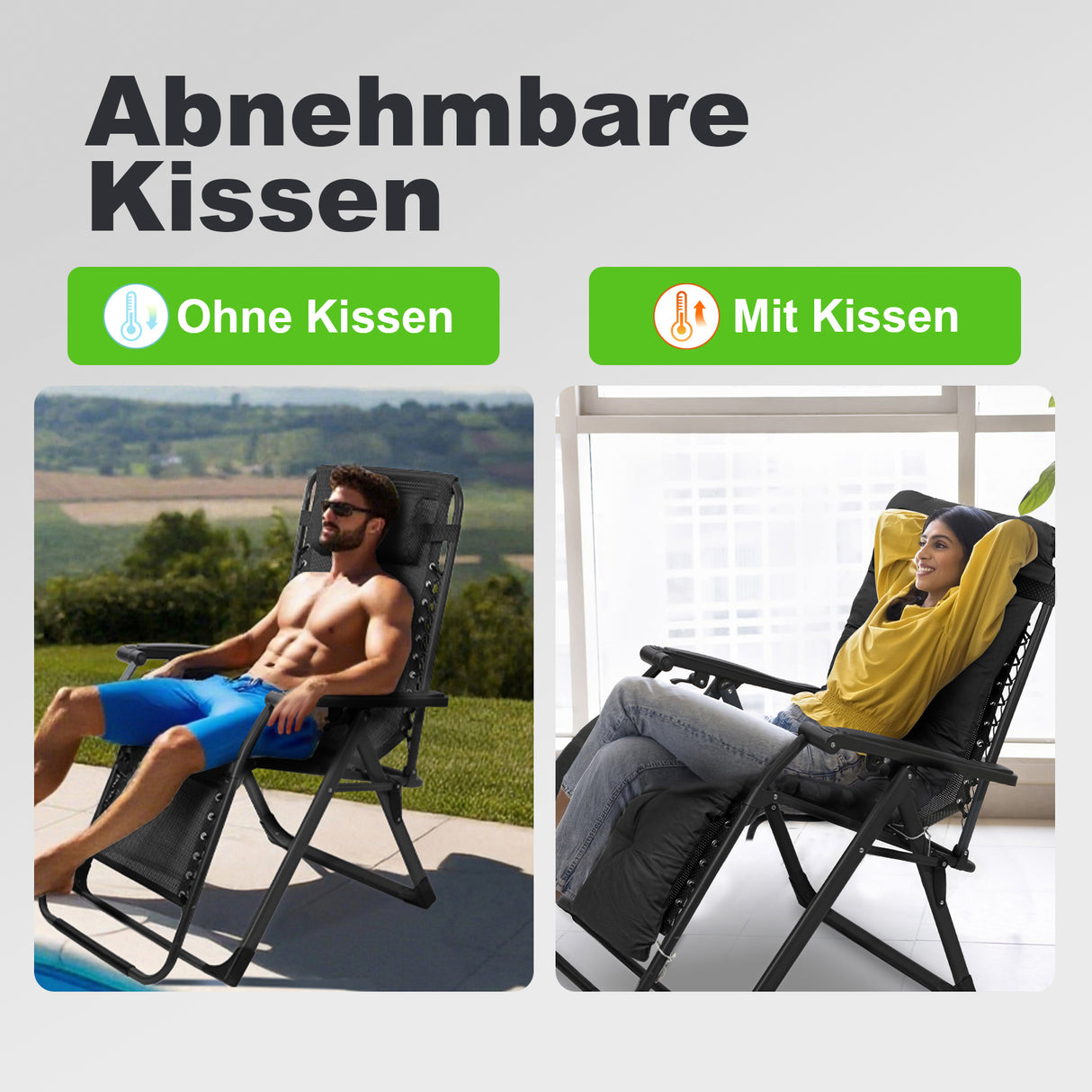 Homecall Folding Garden Lounger, Sun Lounger, Weatherproof with Cushion, Adjustable Backrest, Zero Gravity Chair, Recliner Lounger up to 180 kg for Garden, Patio, Balcony, XXL ( Black/Gray)