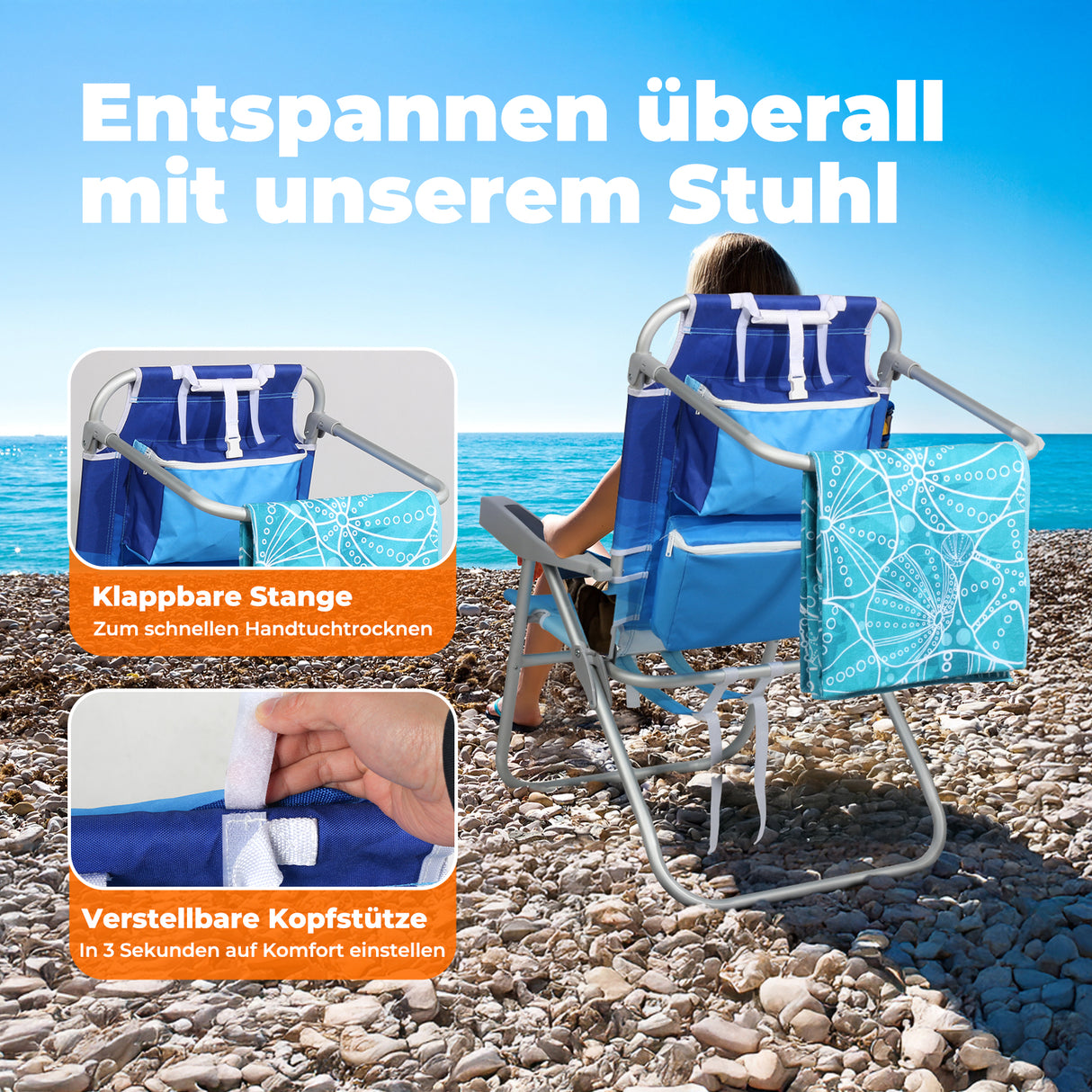 Homecall Beach Chair Foldable Lightweight Folding Chair Beach 5-Level Adjustable Backrest - Beach Chair Beach Chairs Foldable up to 136 kg for Beach, Outdoors