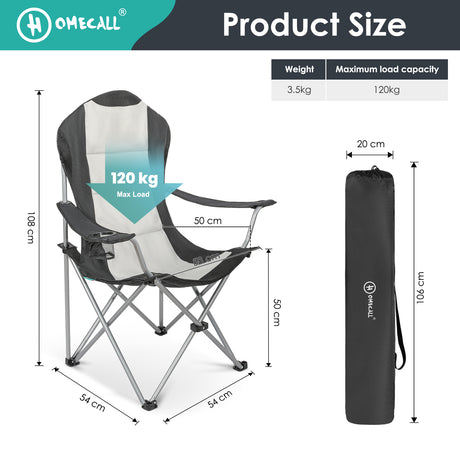 HOMECALL Campingstuhl Hochlehner Klappstuhl Gartenstuhl Angelstuhl, Angenehme Polsterung (Bis 150KG, mit hoher Rückenlehne Armlehne Getränkehalter), für Camp Garten Balkon