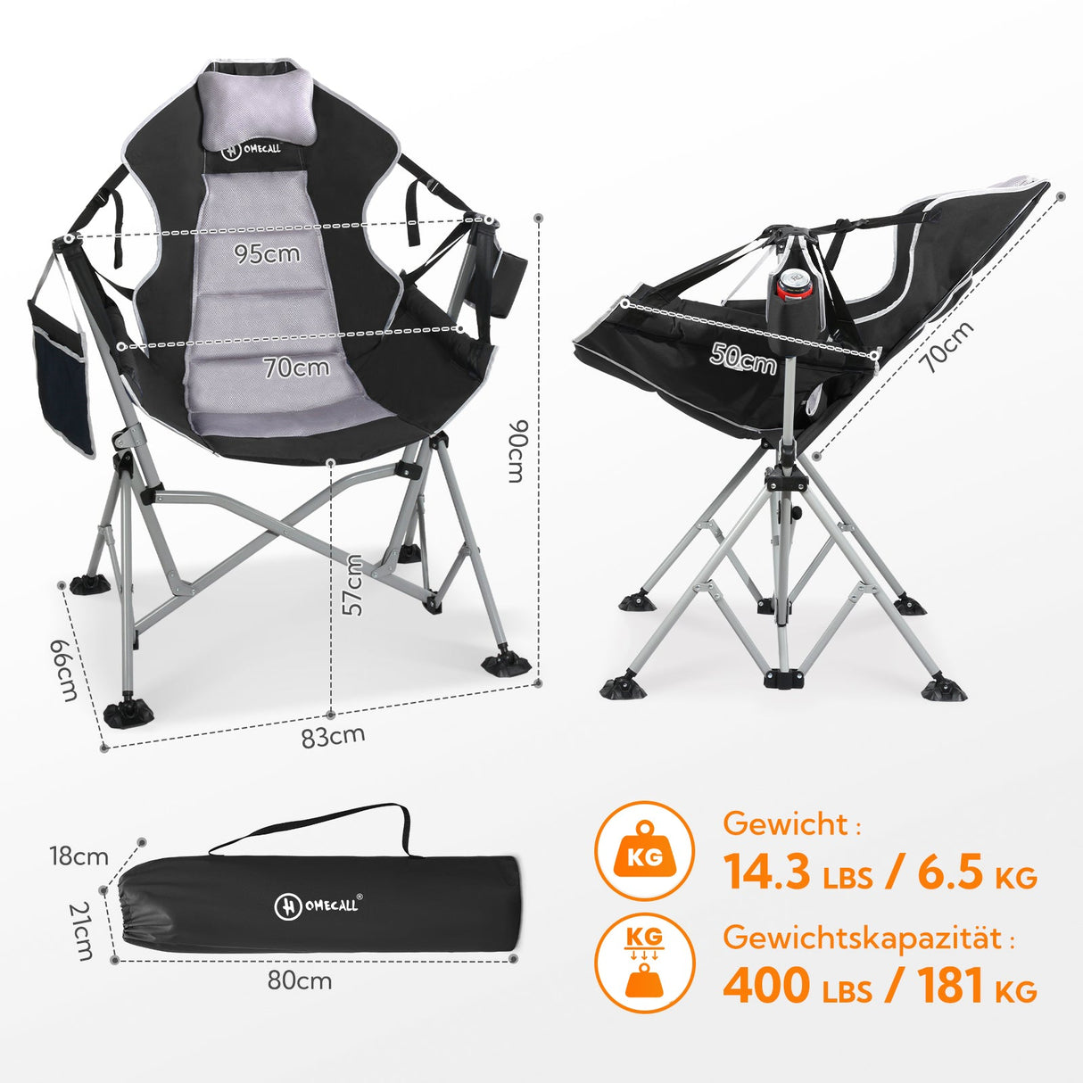 HOMECALL Swing Chair Rocking Chair Outdoor Camping Chair, Foldable Hanging Chair with Adjustable Backrest, bis 180 KG - Homecall - outdoor